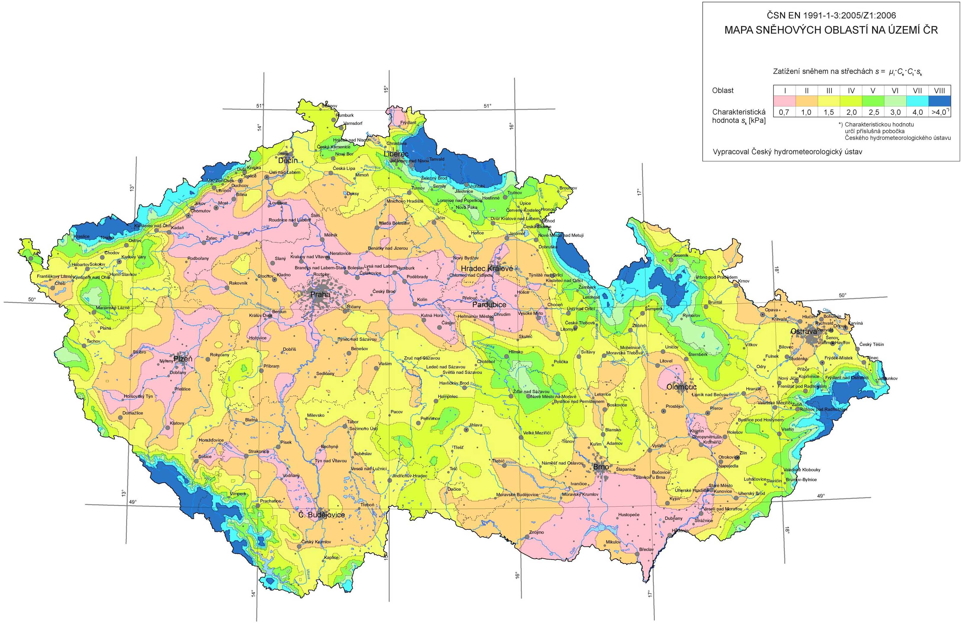 Mapa sněhových oblastí ČR